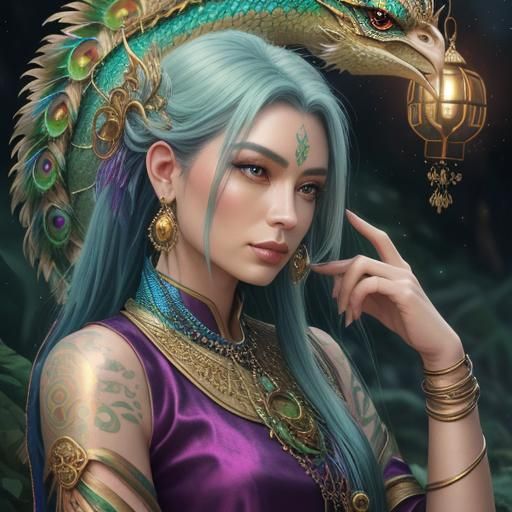 Rainbow Dragon Woman with Gold Skin: Ethereal Art