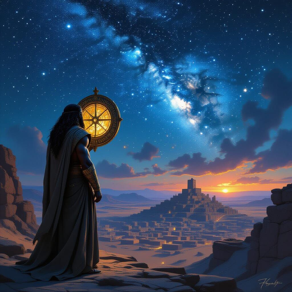 Assyrian Man Contemplates Stars Over Ruined City