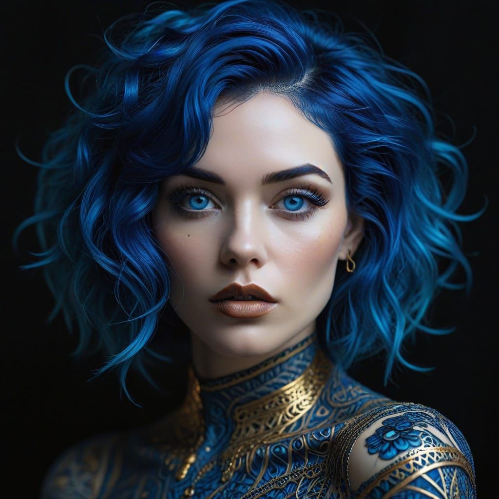 Elegant Blue Portrait with Zentangle Hair