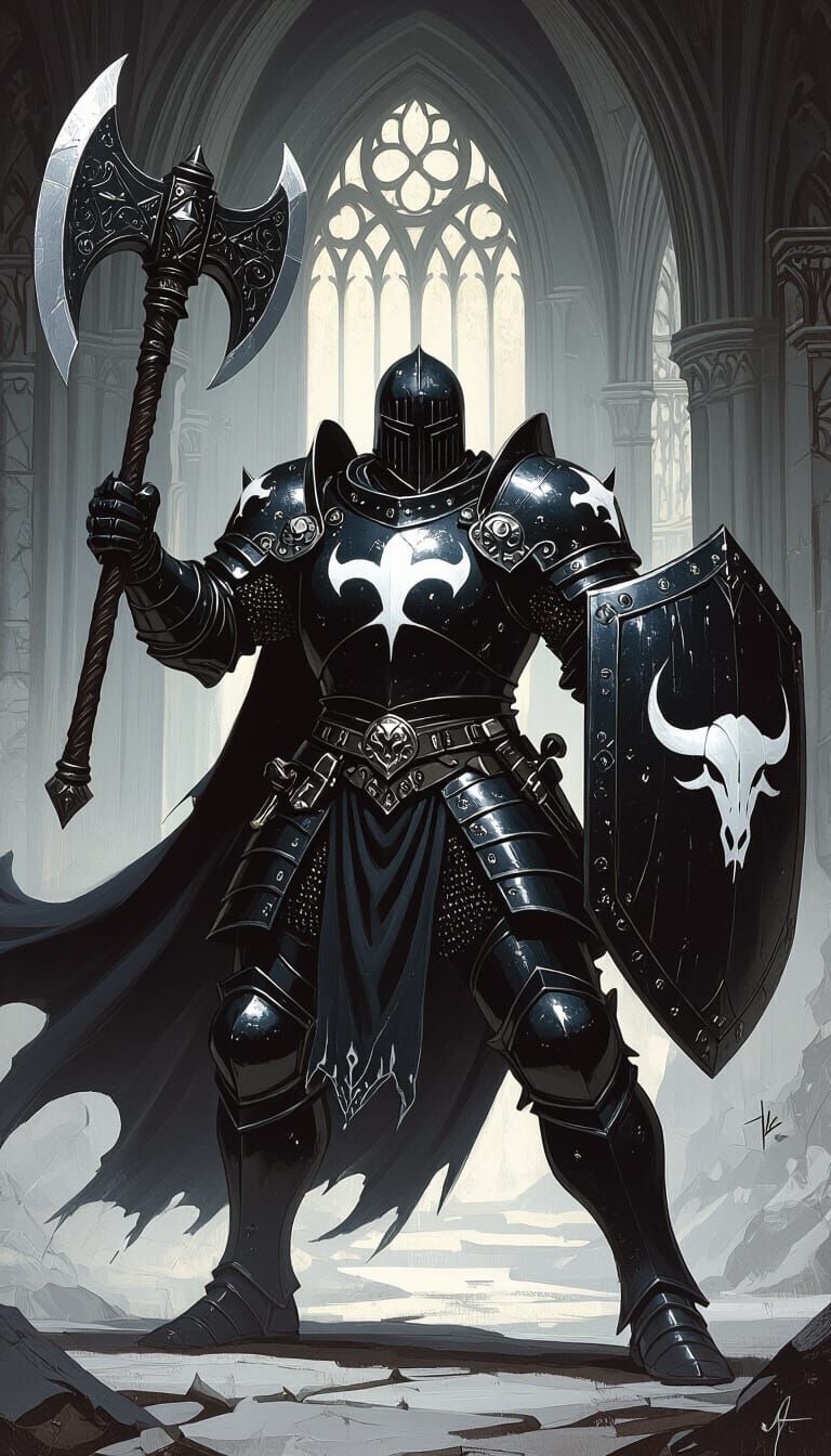 Obsidian Knight Charging in Gothic Cathedral