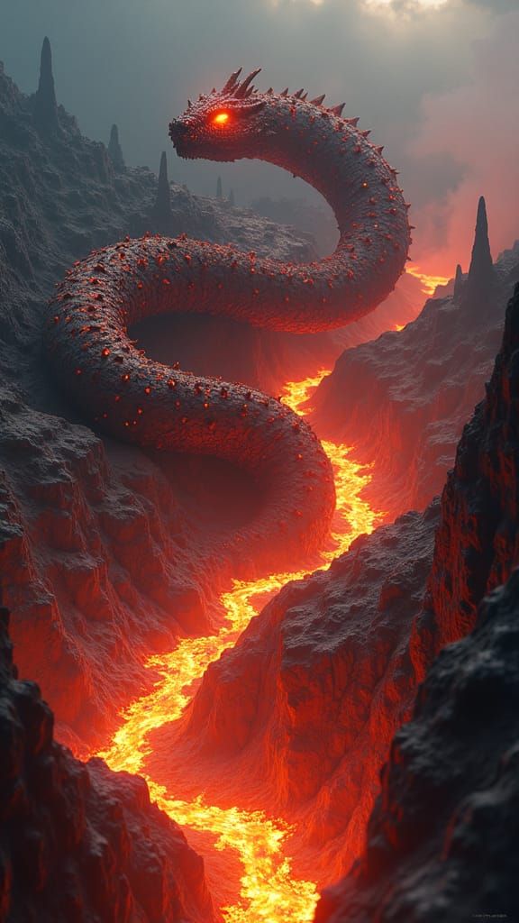 Molten Lava Serpent Kaiju in a Fantasy Landscape