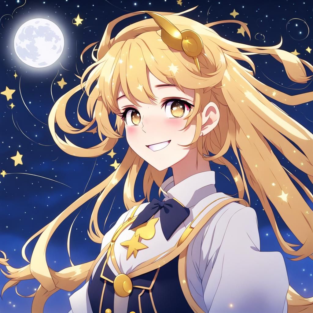 Anime Magical Girl with Golden Hair and Starry Sky