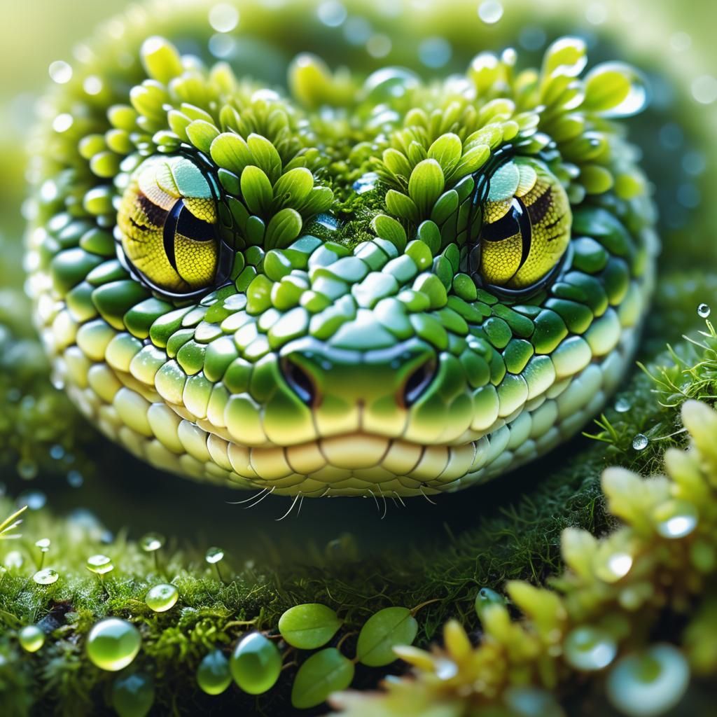 Moss Snake Portrait in Whimsical Digital Art