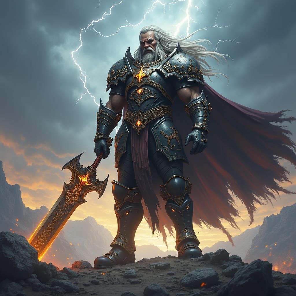 Fantasy Warrior with Enchanted Sword on Battlefield