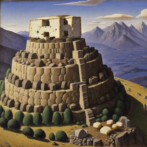 Giant Food on Mountain in Classical Painting Style