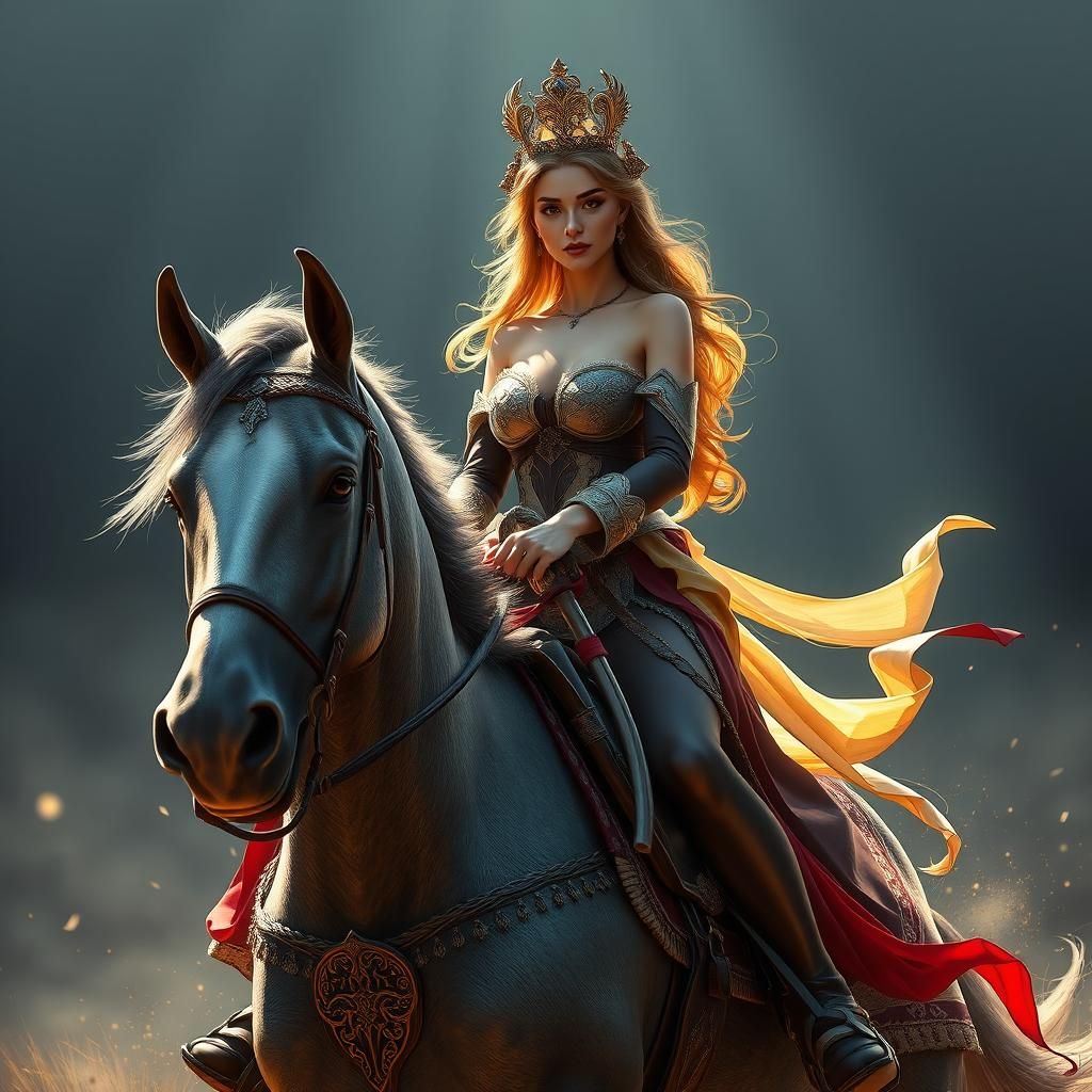 Beautiful Woman on Horseback in Detailed Matte Painting