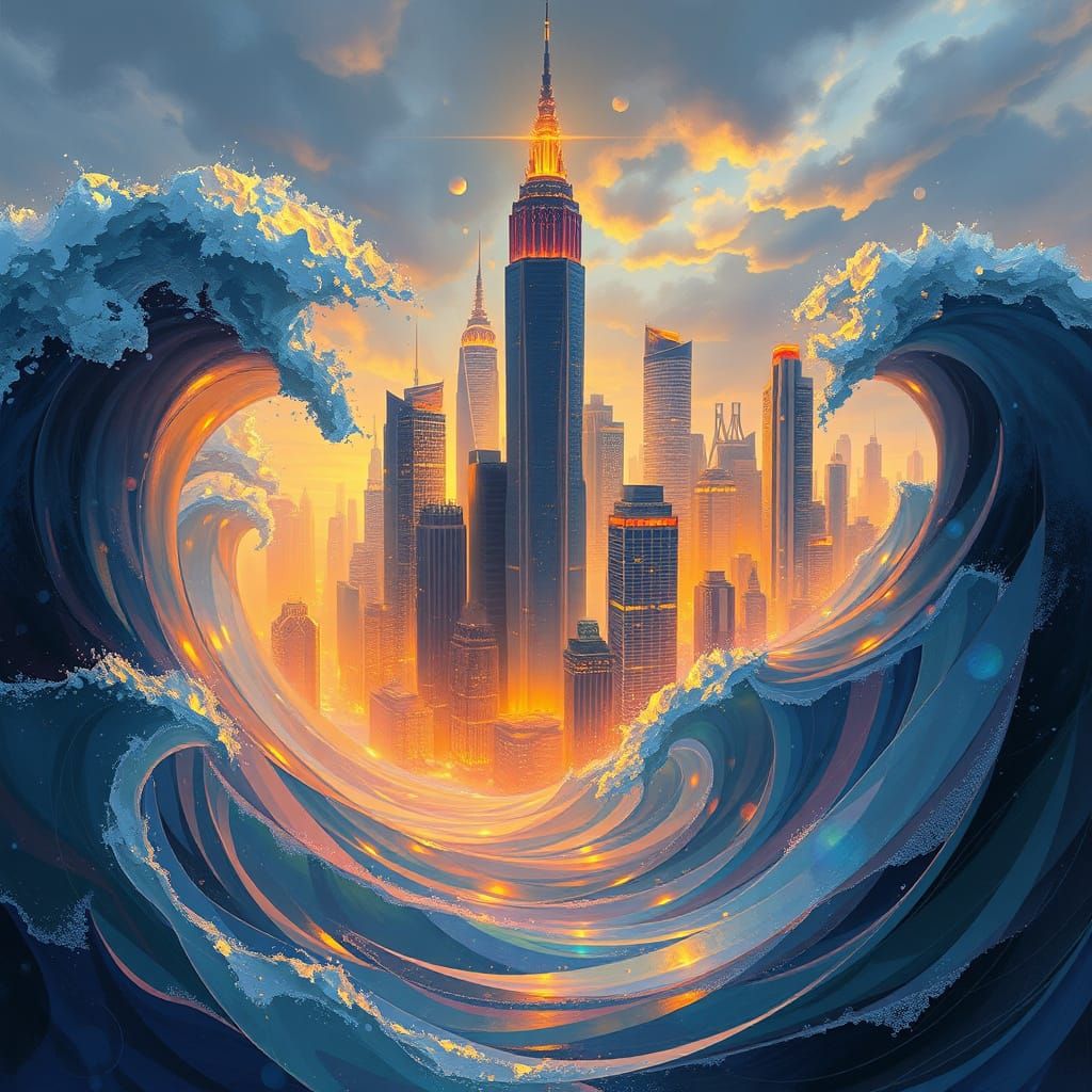 Dreamlike Cityscape Emerging from Iridescent Waves