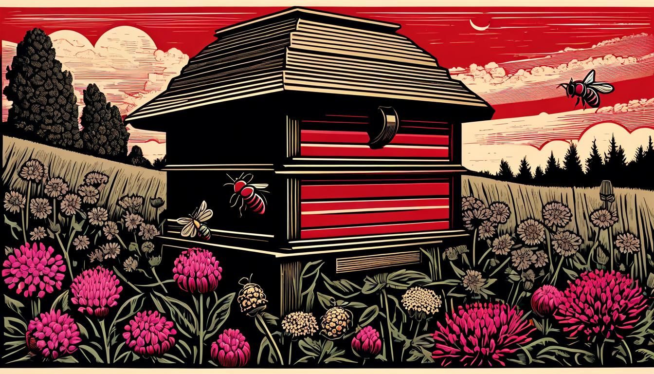 Linocut Woodcut of Beehive with Bees and Flowers