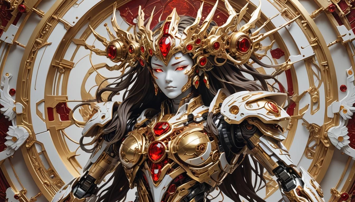 Golden Mecha Goddess Statue in Celestial Light