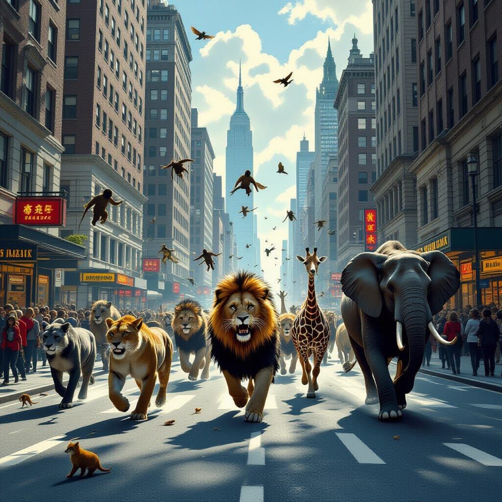 Wild Animals Escape City Zoo in Hyper-Realistic Style