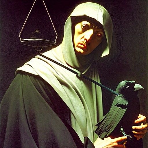 Hooded Figure with Crow in Baroque Style