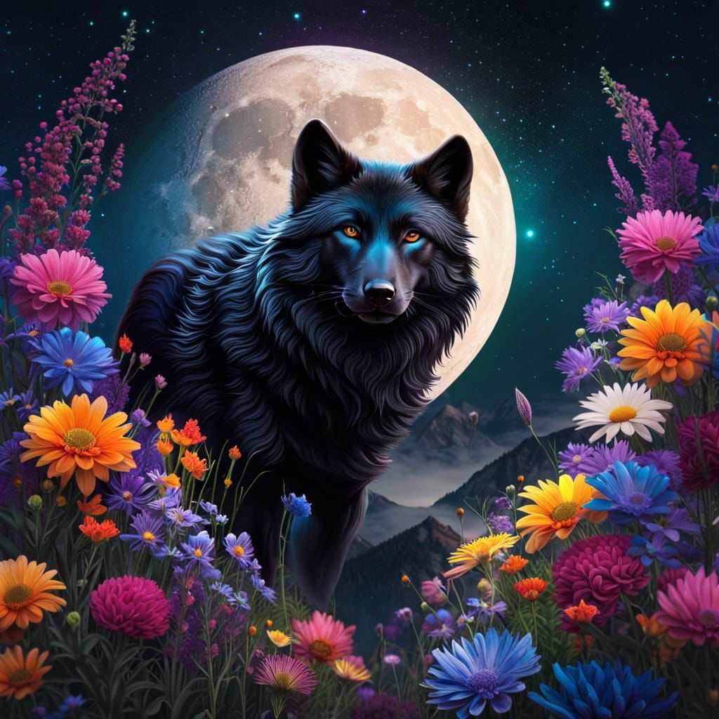 Surreal Black Wolf Leaps Before Moonlit Scene
