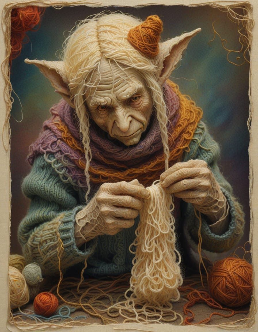 Yarn Elf Knitting a Sweater in Pop Surrealism