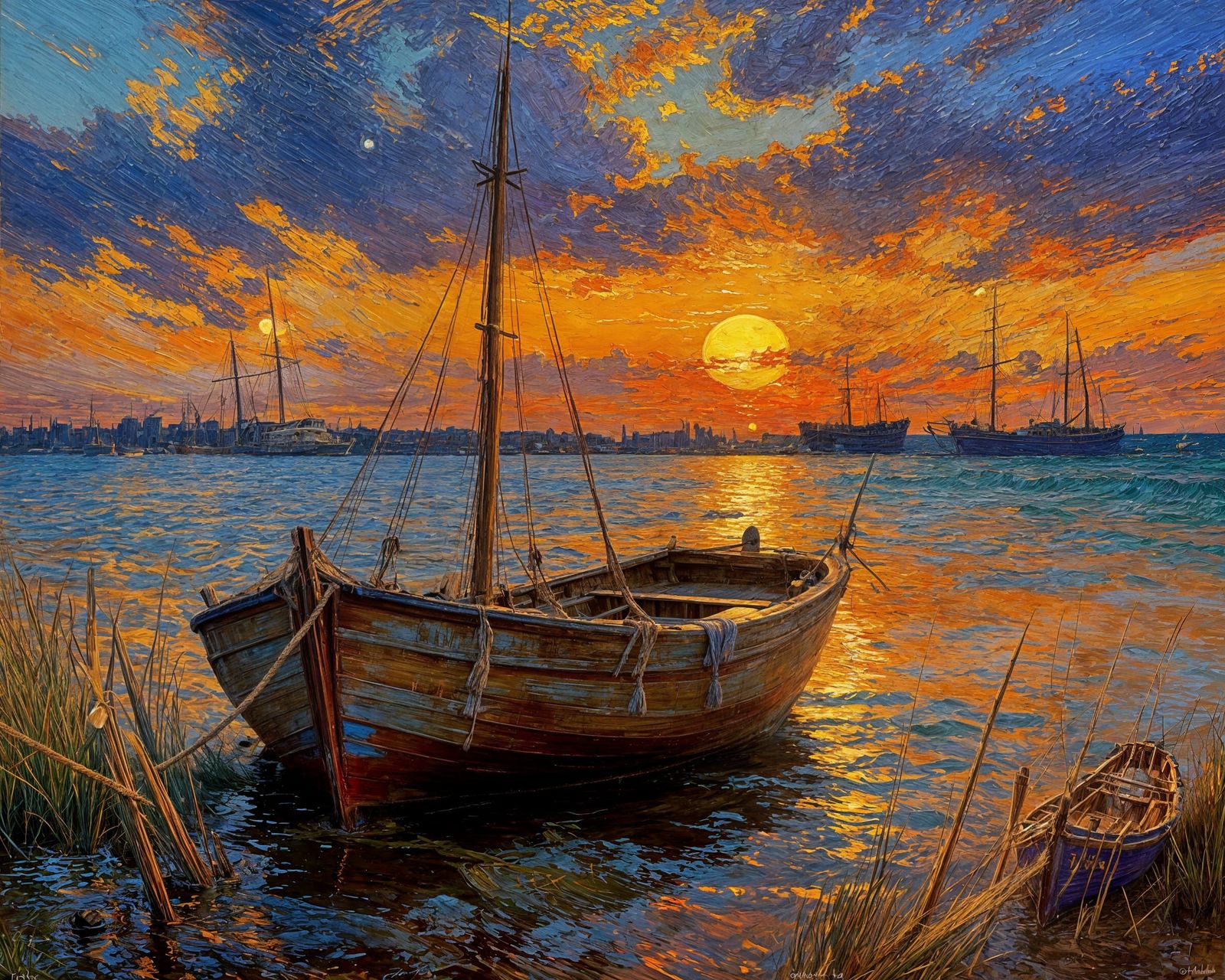 Impressionist Sunset Over Fishing Boat
