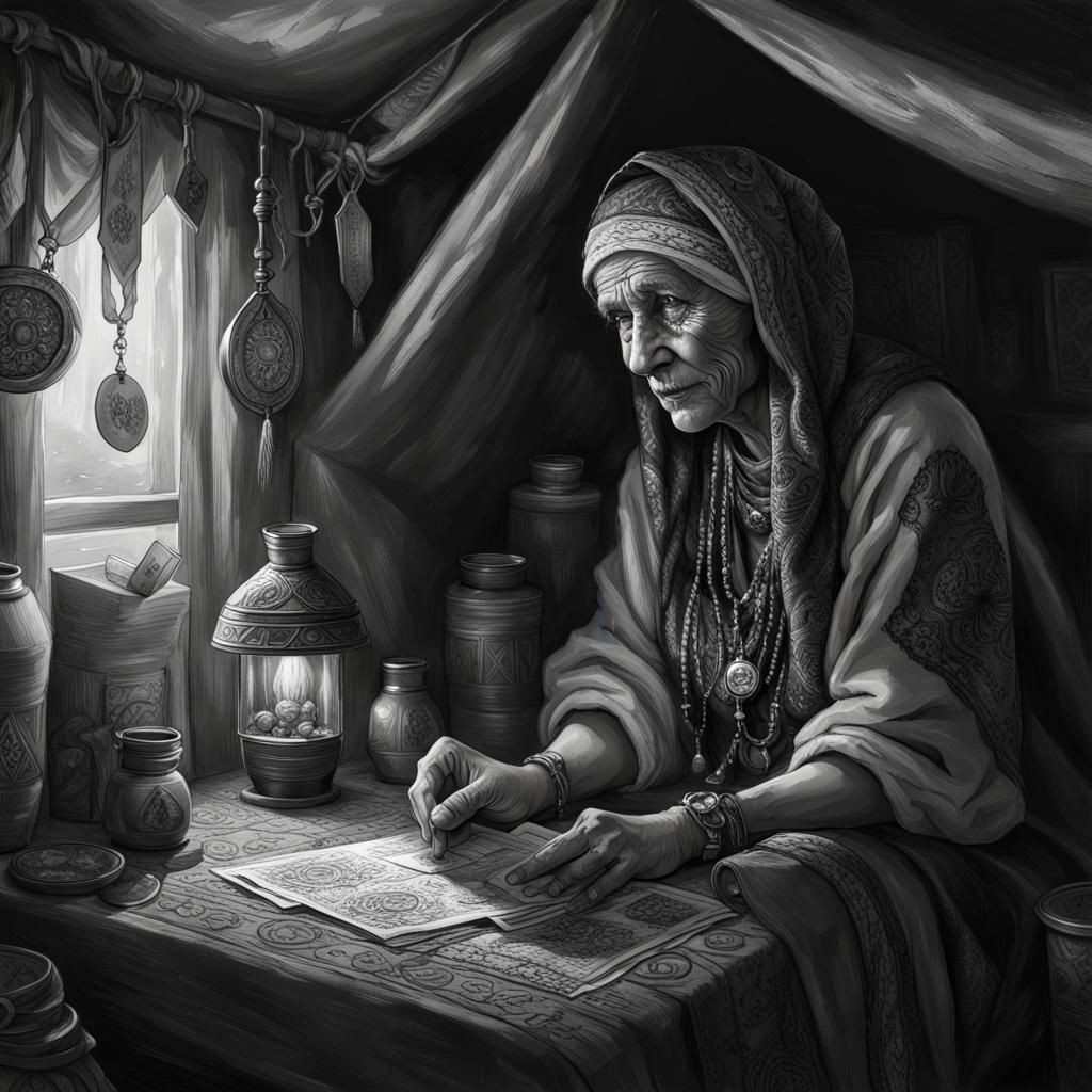 Gypsy Woman with Tarokka Cards in Dark Fantasy Style