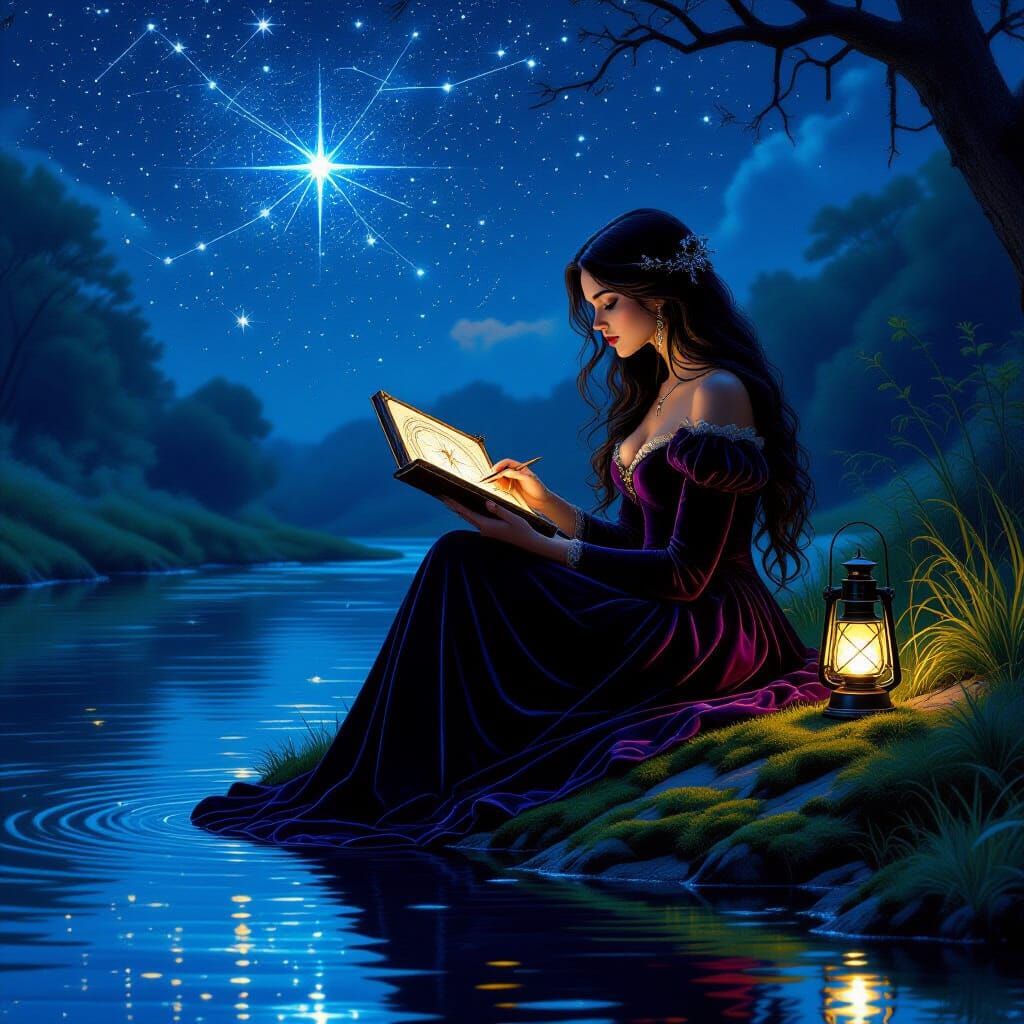 Witch Mapping Stars in River Reflection, Dark Fantasy Illust...