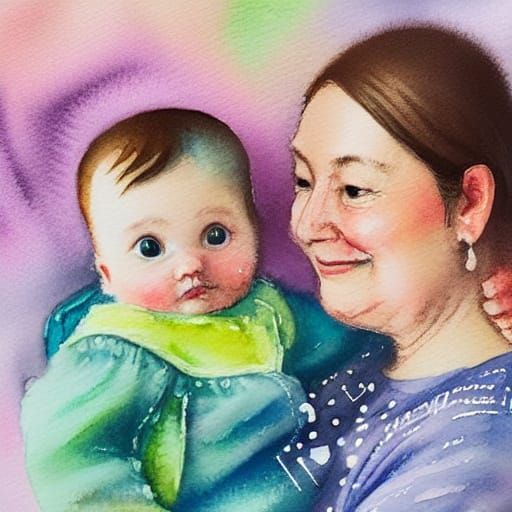Whimsical Watercolor Portrait of Loving Mother and Daughter