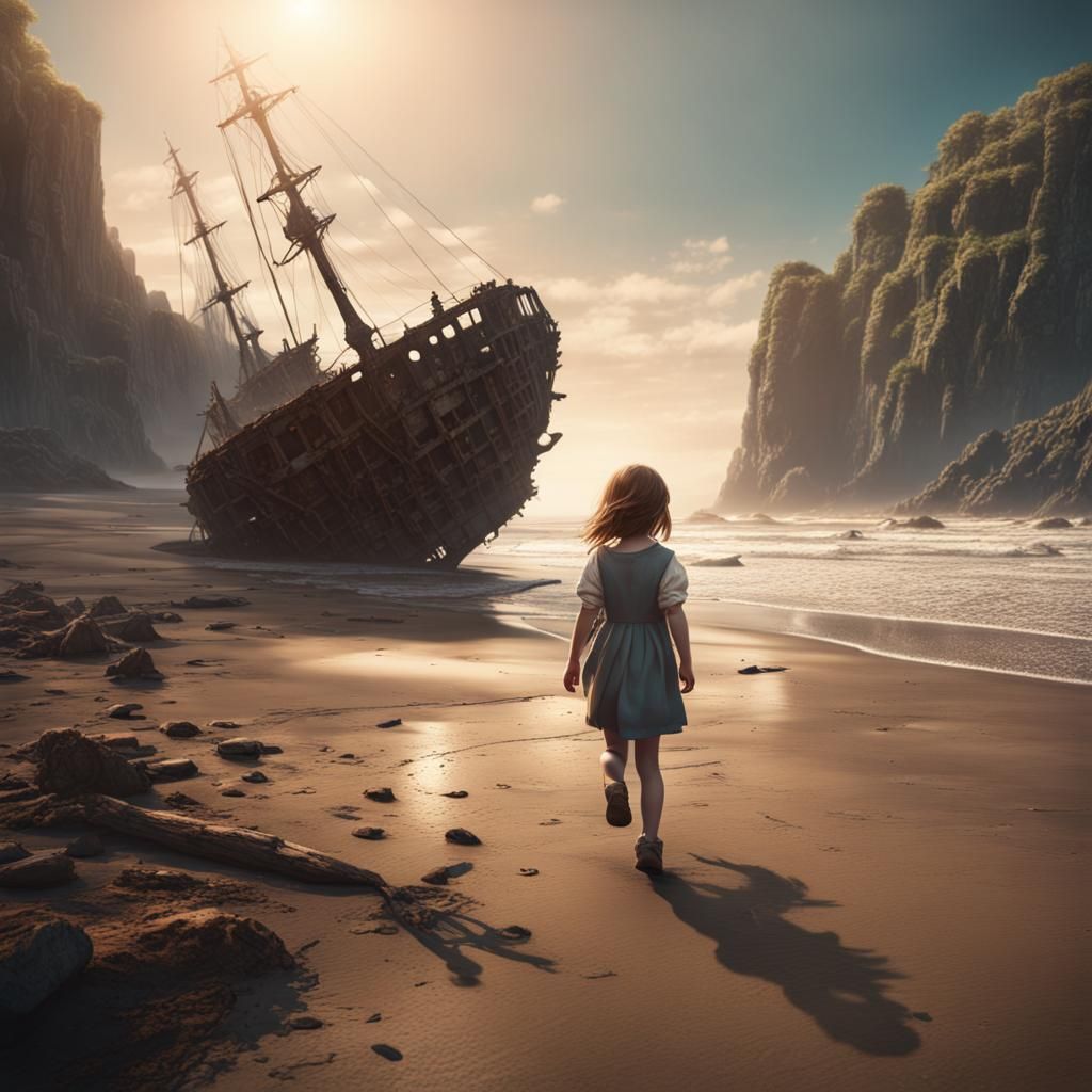 Girl and Shipwreck: Fantasy Concept Art