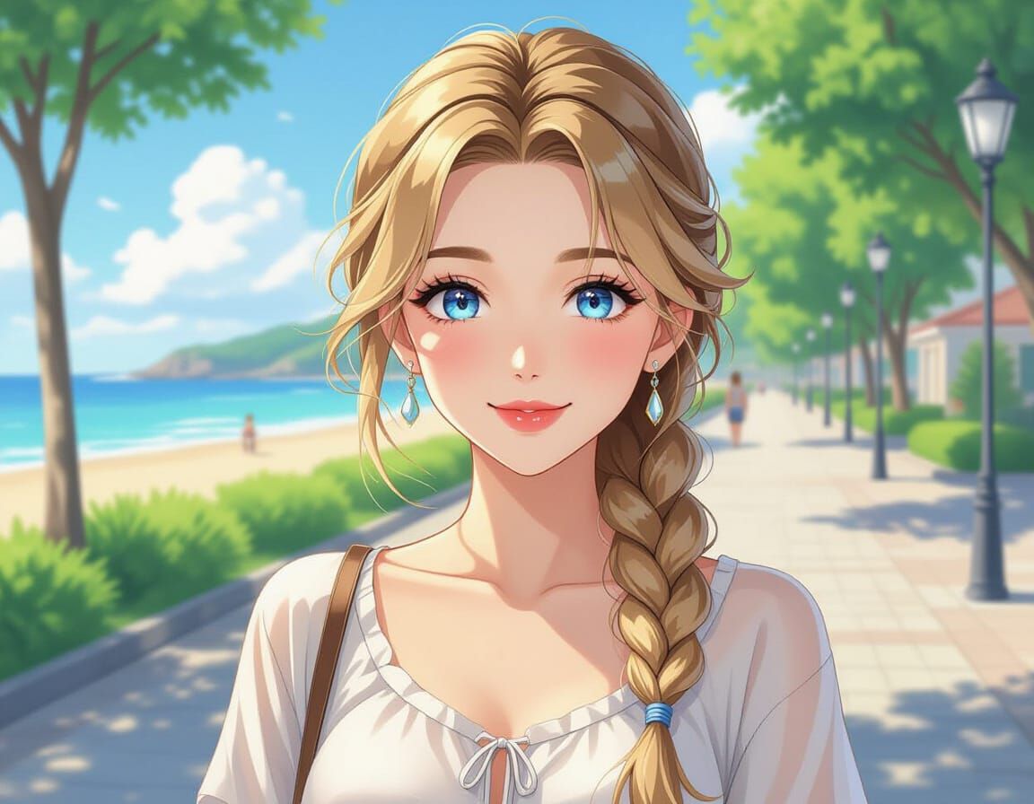 Beautiful Anime Woman on Beach in Spring Clothes