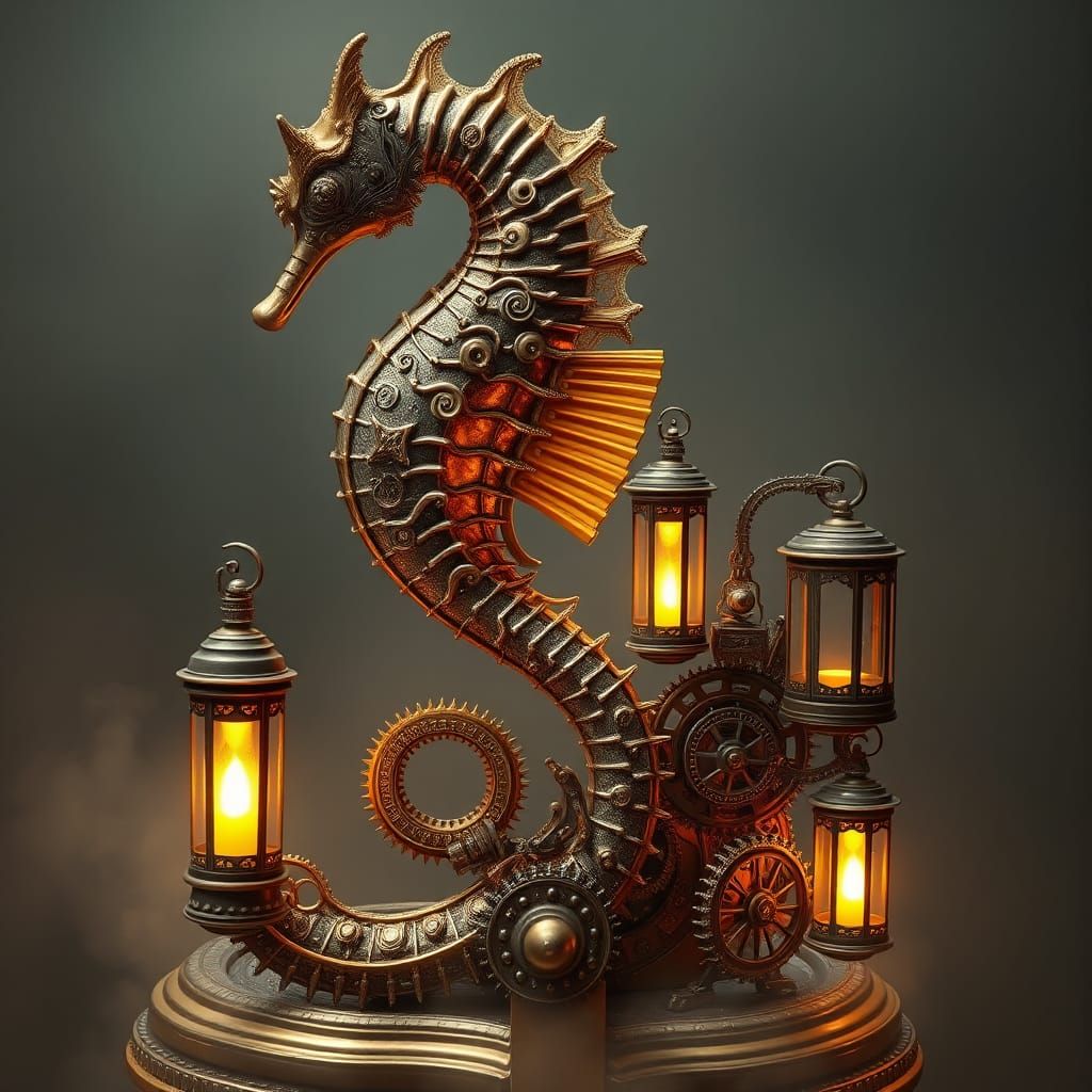 Elegant Steampunk Sea Horse Automaton in Intricate Brass and...