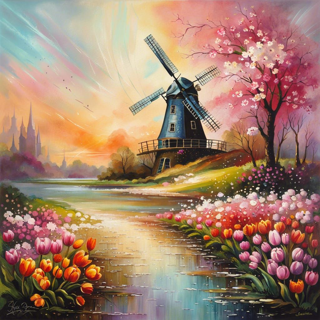 Dreamlike Dutch Windmill and Tulips Fantasy Painting
