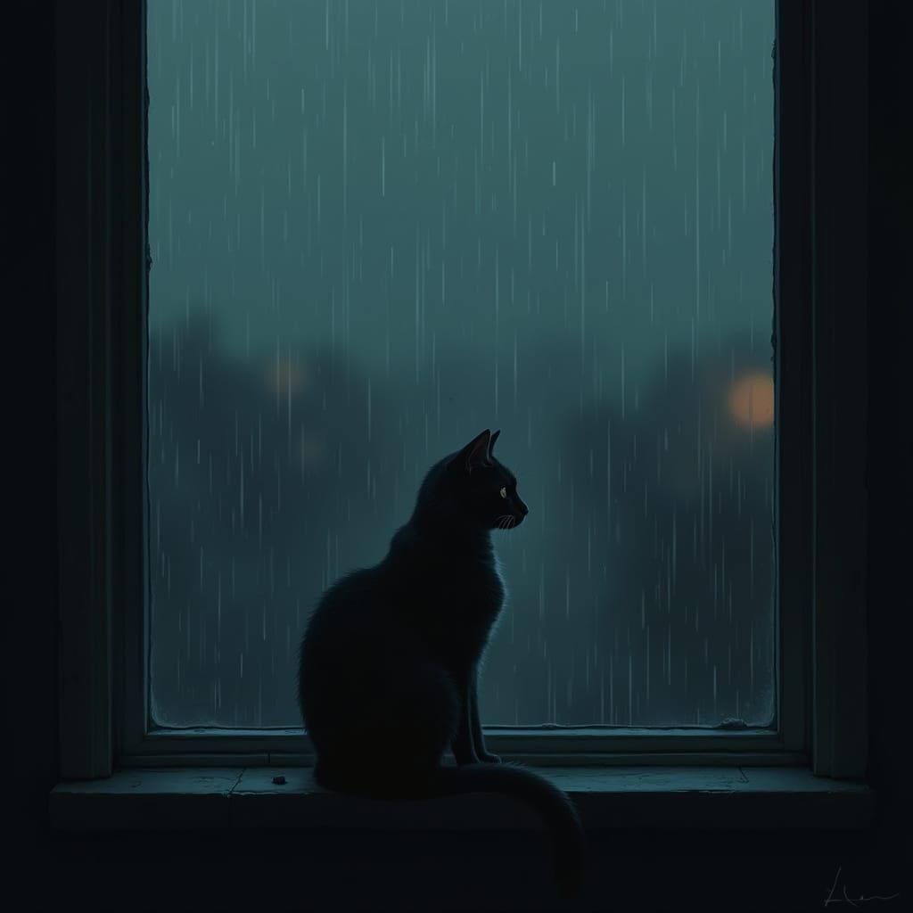 Cat in Rainy Window: Moody Digital Art