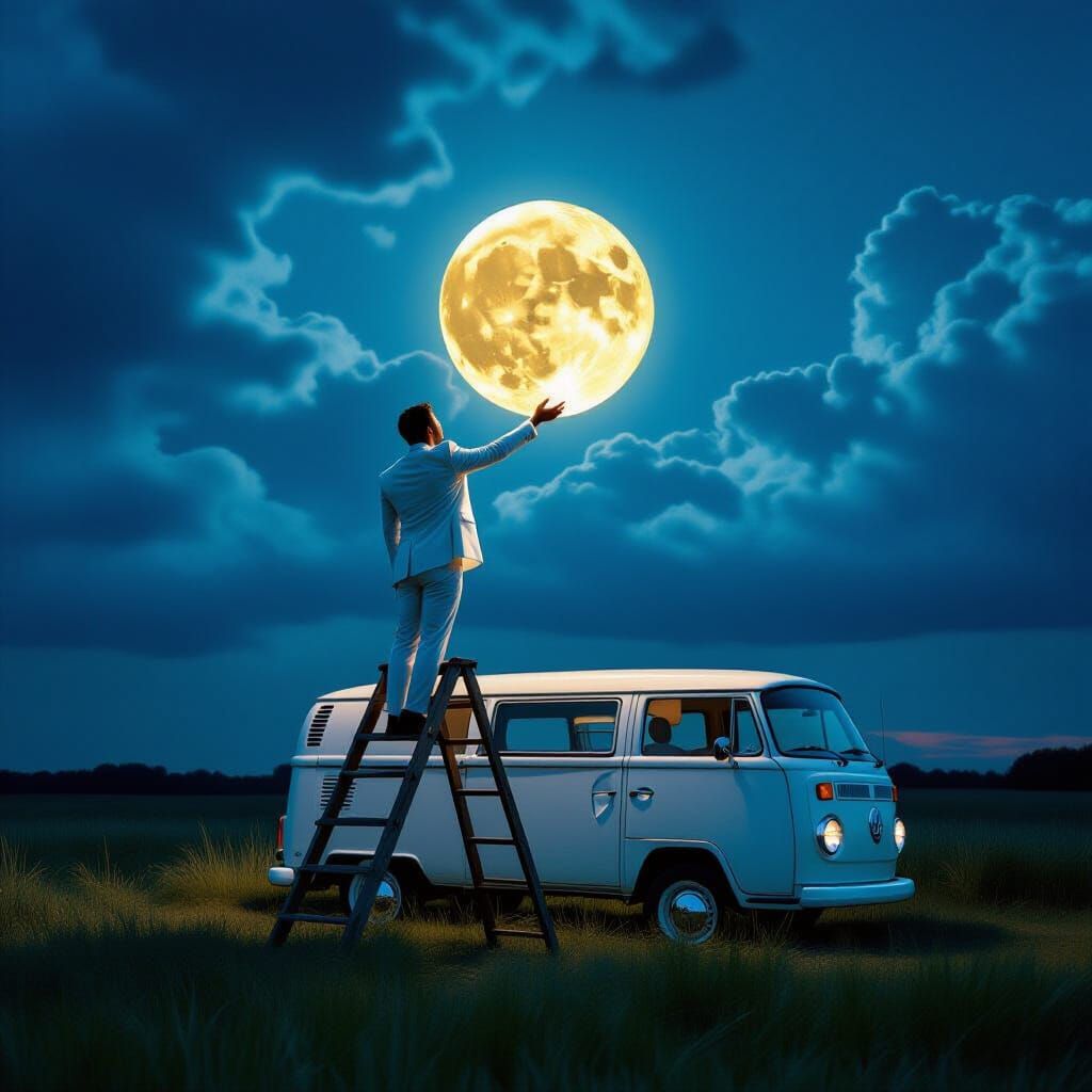 Man Holds Glowing Moon on Ladder Beside Van in Surreal Field