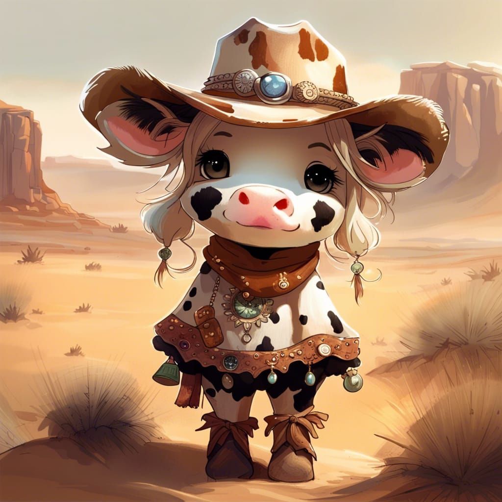 Cowgirl Cow in Desert Landscape, Detailed Digital Art