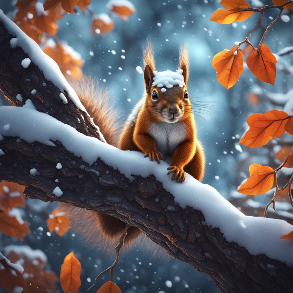 Adorable Squirrel in Snowy Tree, Digital Art