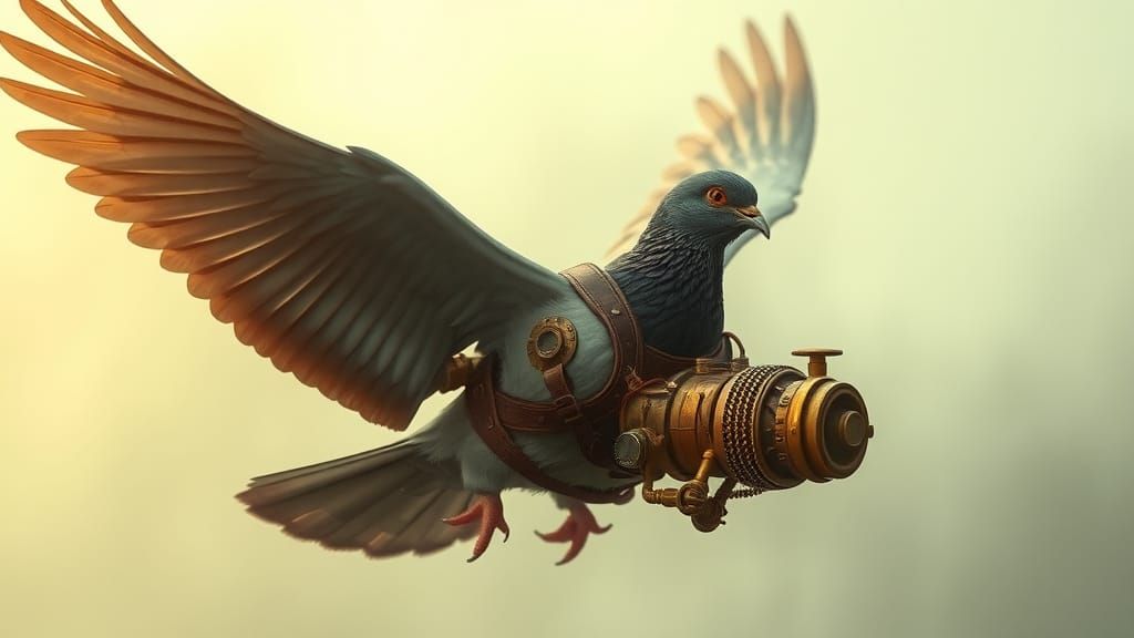 Steampunk Pigeon Soaring Through Fog