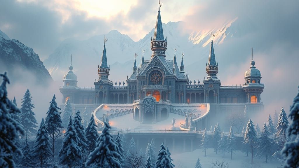 Majestic Winter Fantasy Realm in Serene Mist