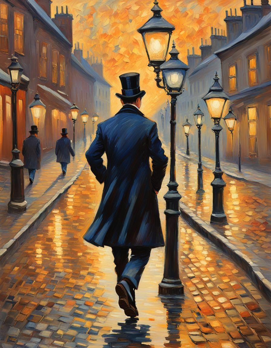 Victorian Man in Cityscape: Impressionist Oil Painting