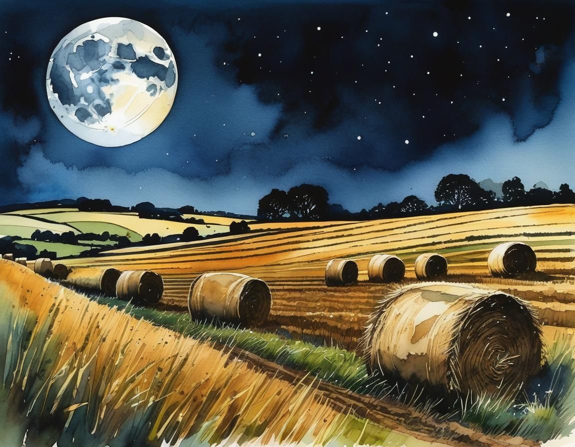 Watercolor Night Earth Cross-Section Under Full Moon