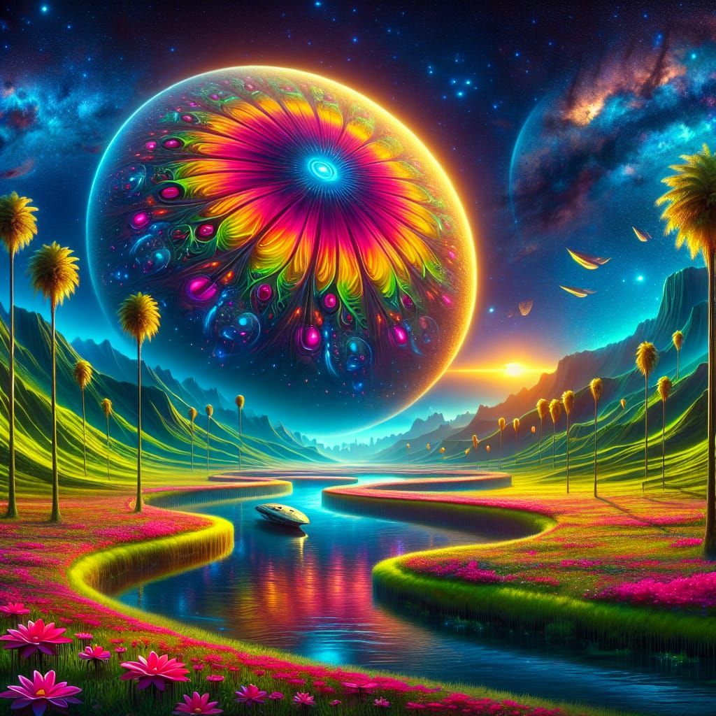 Surreal Fantasy Art of Radiant Disc-Shaped Spaceship in Drea...