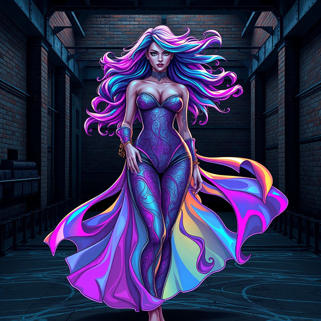 Woman in Iridescent Outfit in Industrial Space