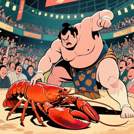 Sumo Wrestler Versus Giant Lobster in Hokusai Style