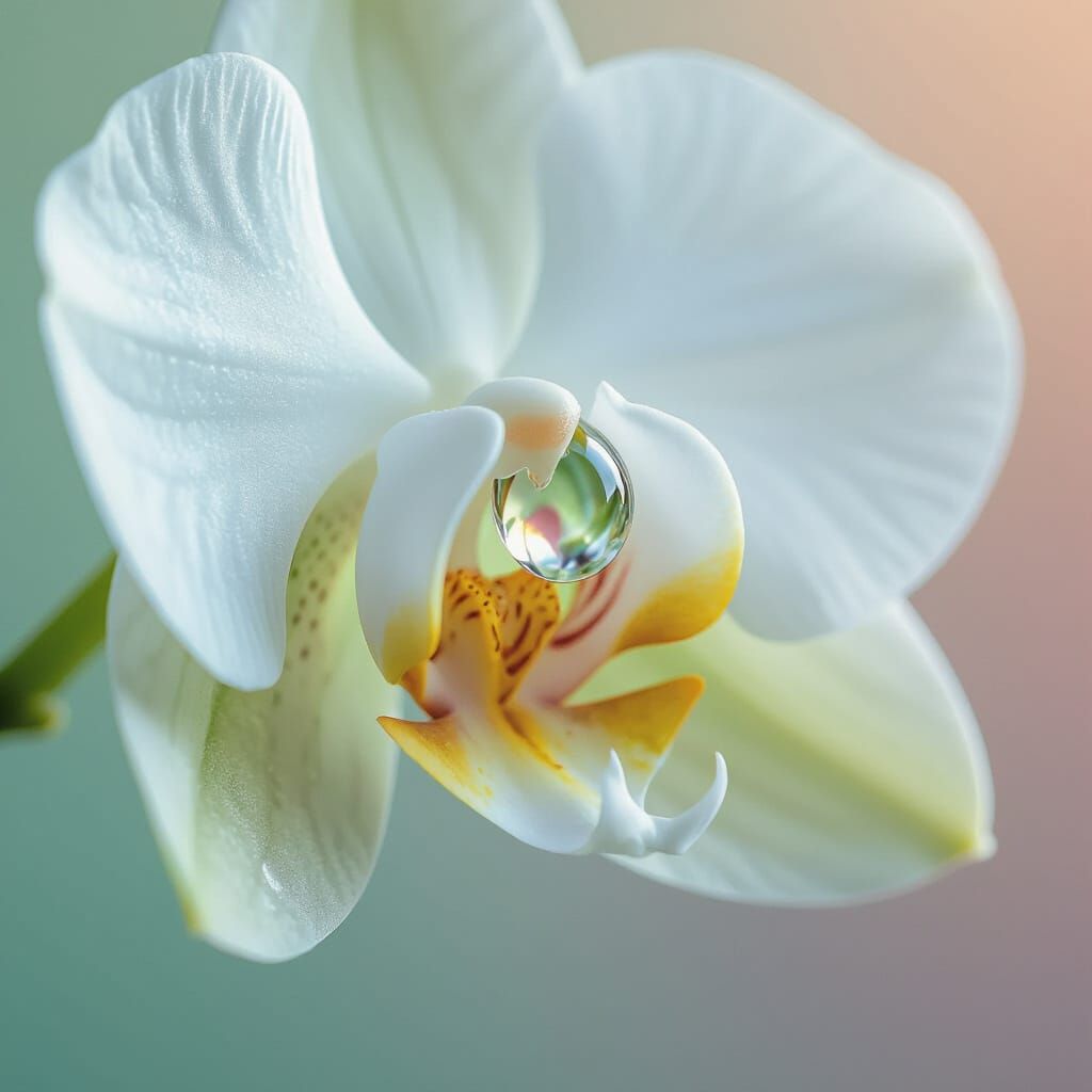 White Orchid Petal Refracted in Water Droplet