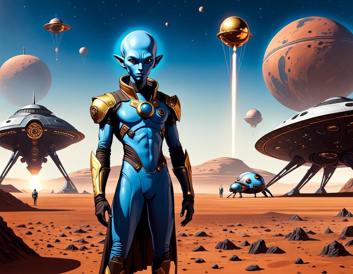 Blue Alien on Mars with Golden Orb