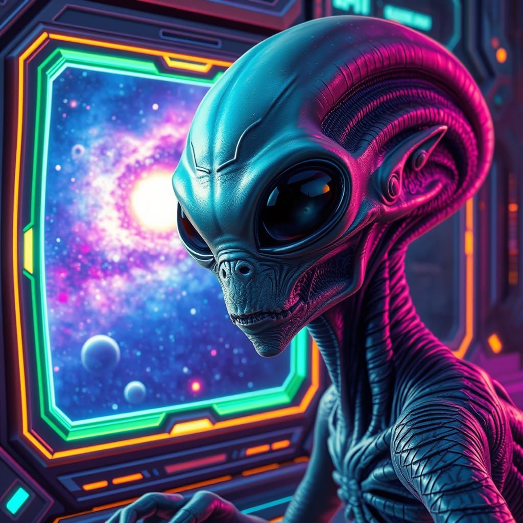 Cyberpunk Alien in Holographic Galaxy