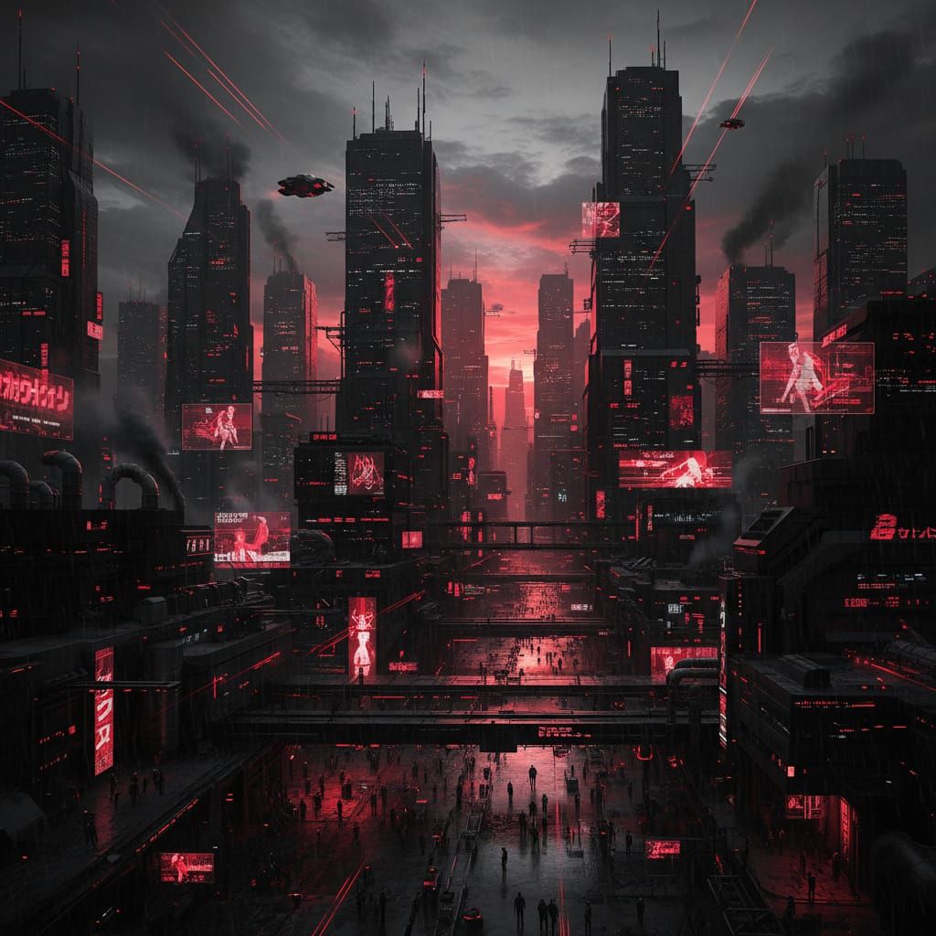 Cyberpunk Cityscape in Black and Red