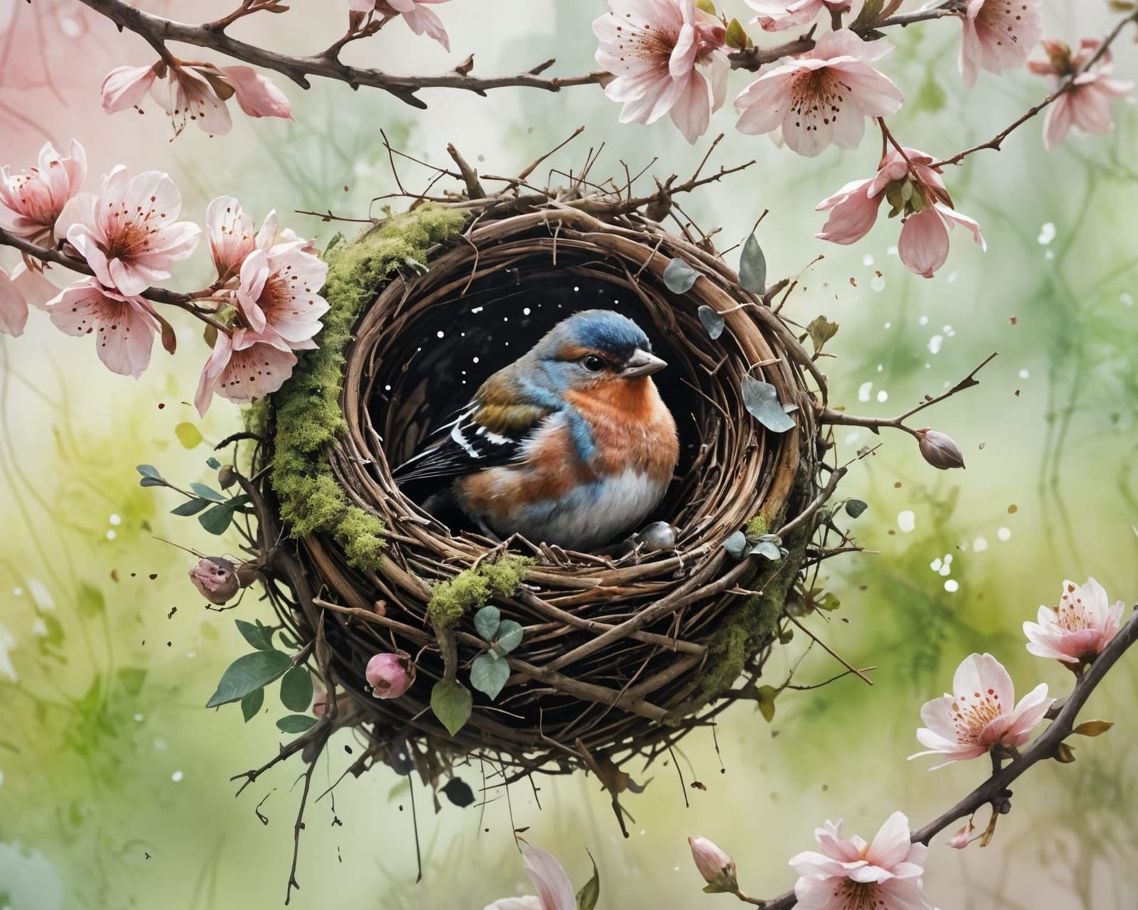 Watercolor Chaffinch Feeds Chicks at Apple Blossom Nest