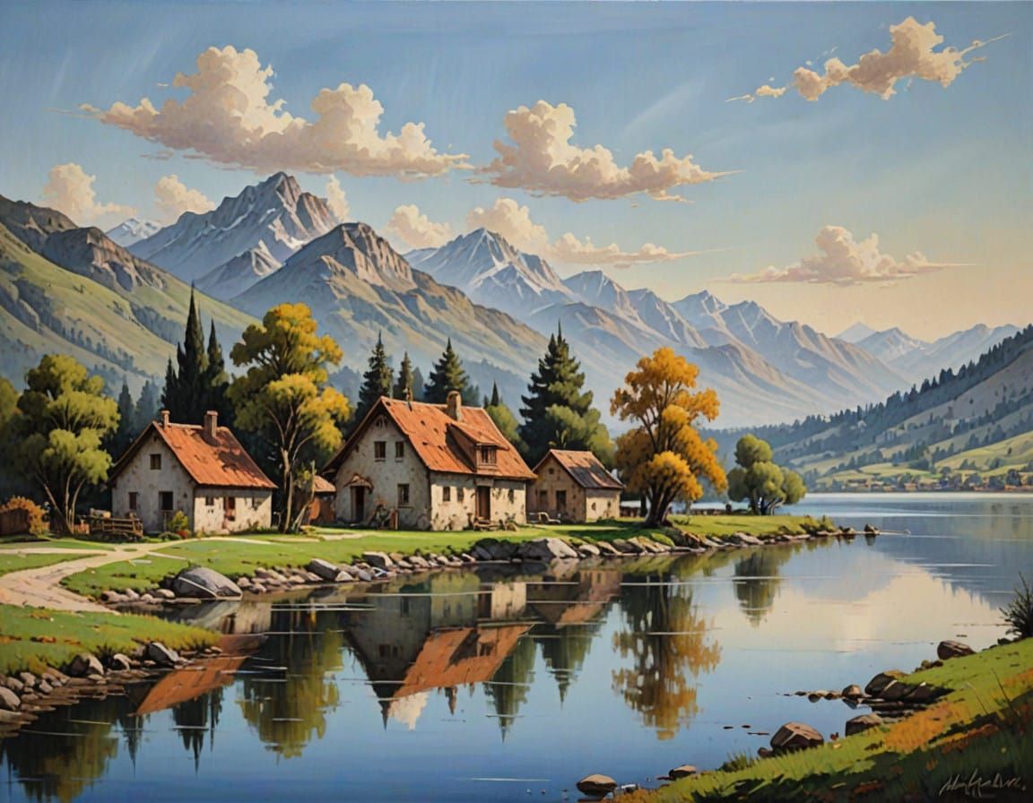 Idyllic Village Lakeside Scene in Oil Paint