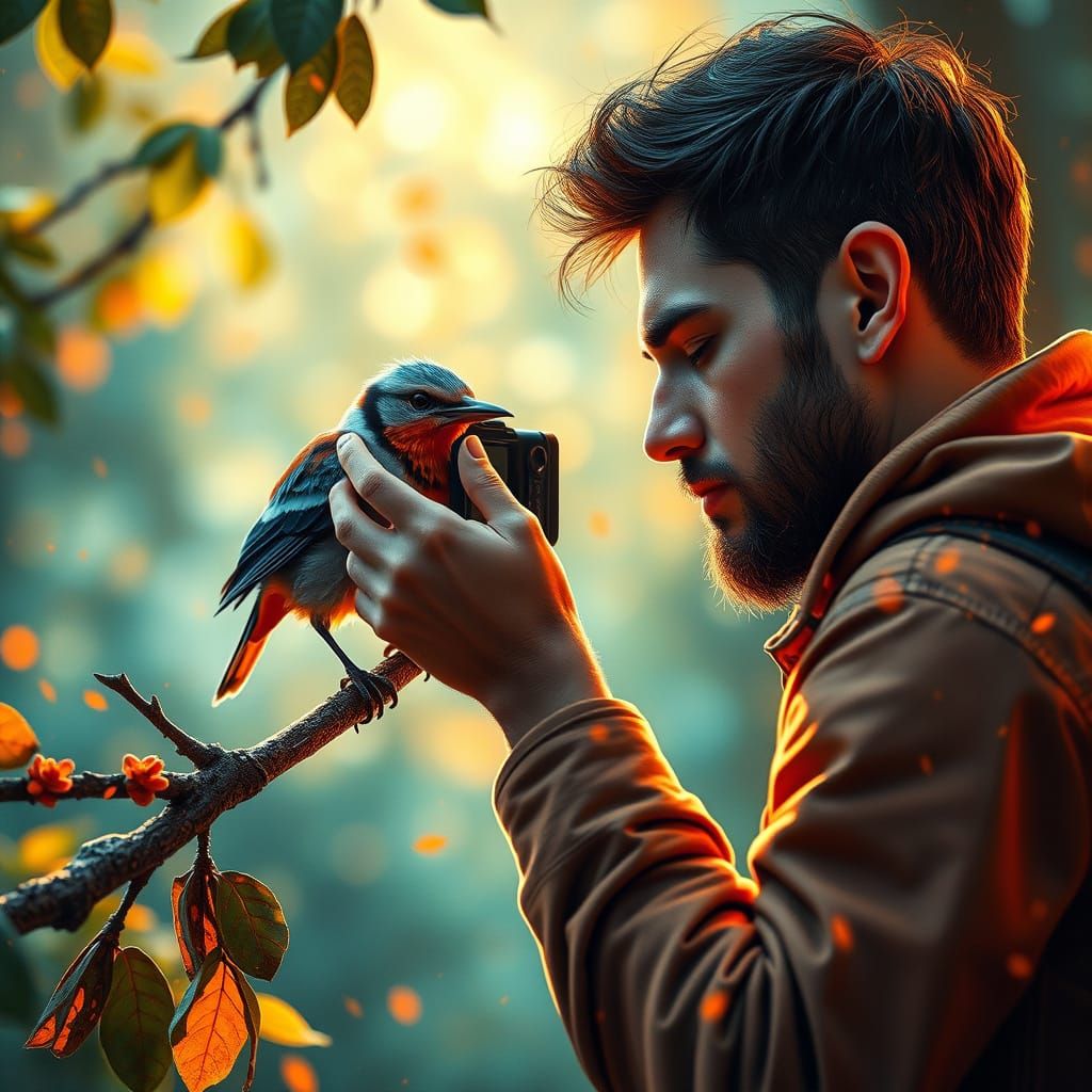 Surreal Portrait of a Photographer Capturing a Bird in a Tri...