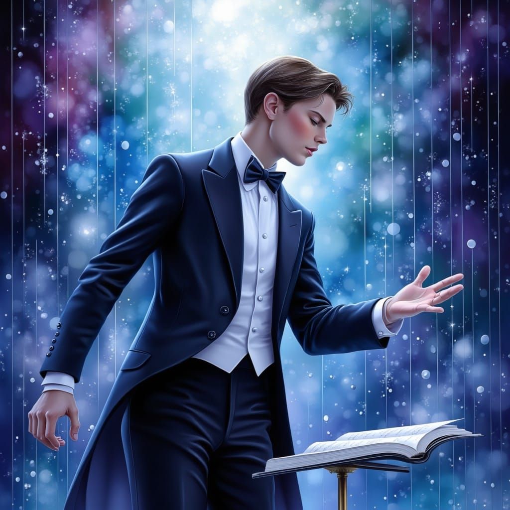 <lora:Winter Blues:1.0> a conductor for a orchestra , sparkled background , moonlight
