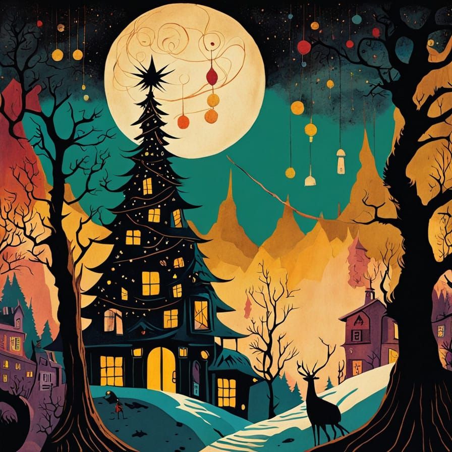 Surreal Christmas Scene in Vintage Comic Illustration Style