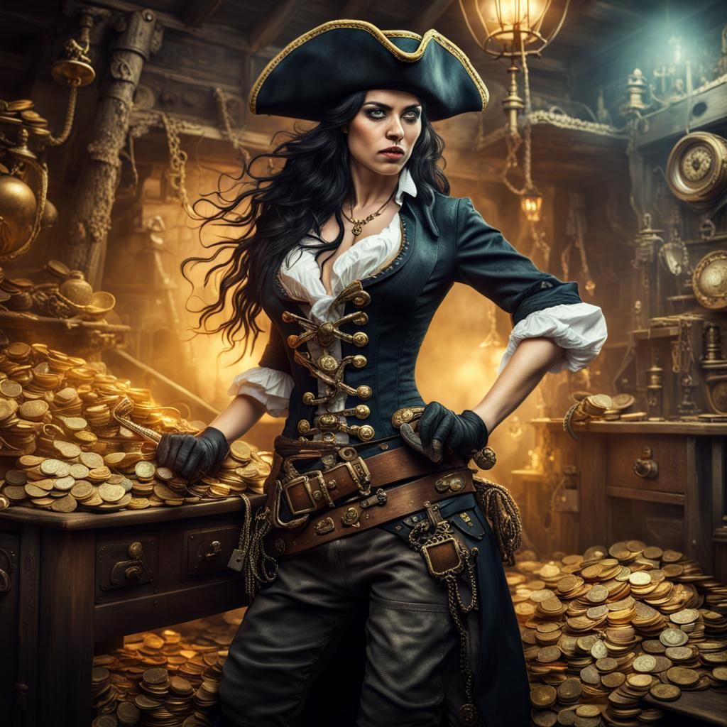 Steampunk Pirate Stealing Gold Coins in HDR