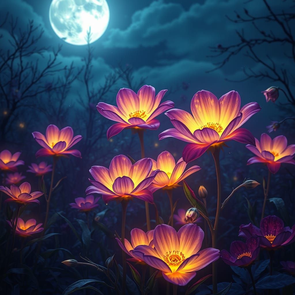 Moonlit Garden: Glowing Flowers in Dark Fantasy Style