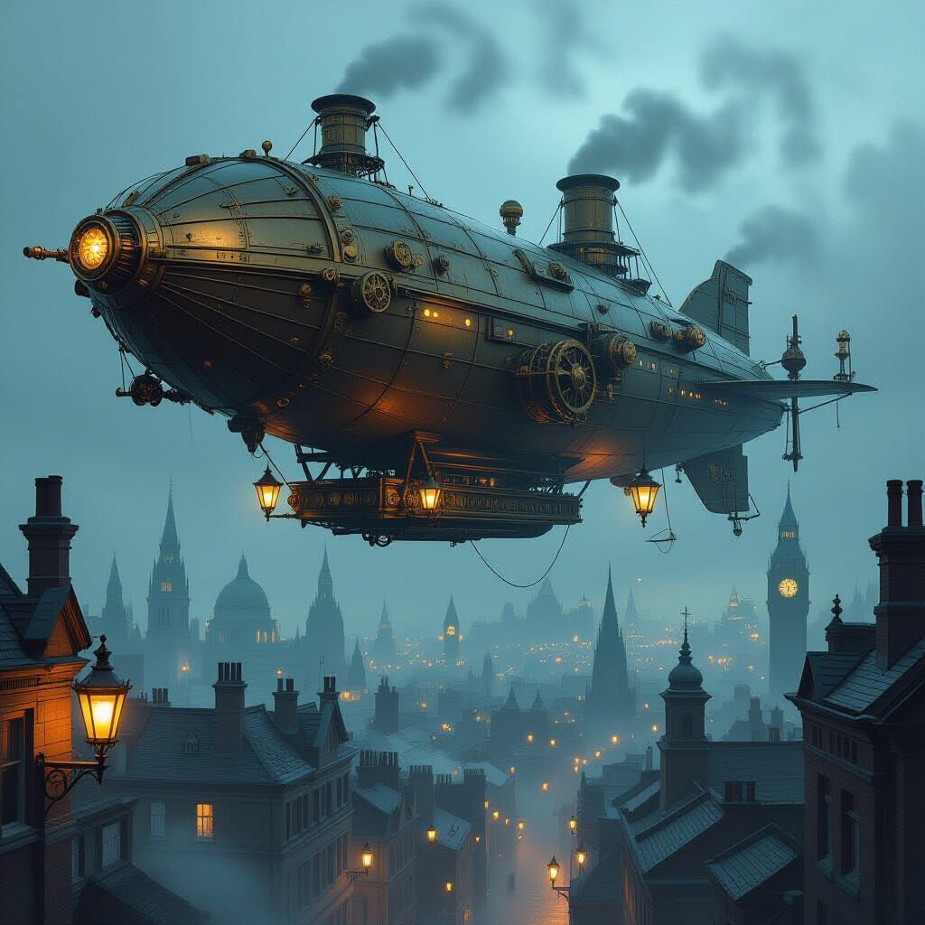 Steampunk Airship Over Victorian London