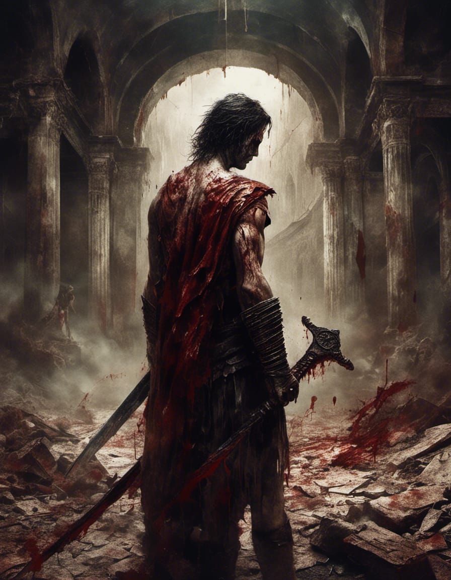 Christian Warrior Faces Gladiator in Ruined Coliseum