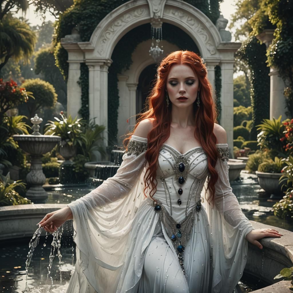 Red-Haired Goddess in Ornate Garden, Fantasy Concept Art